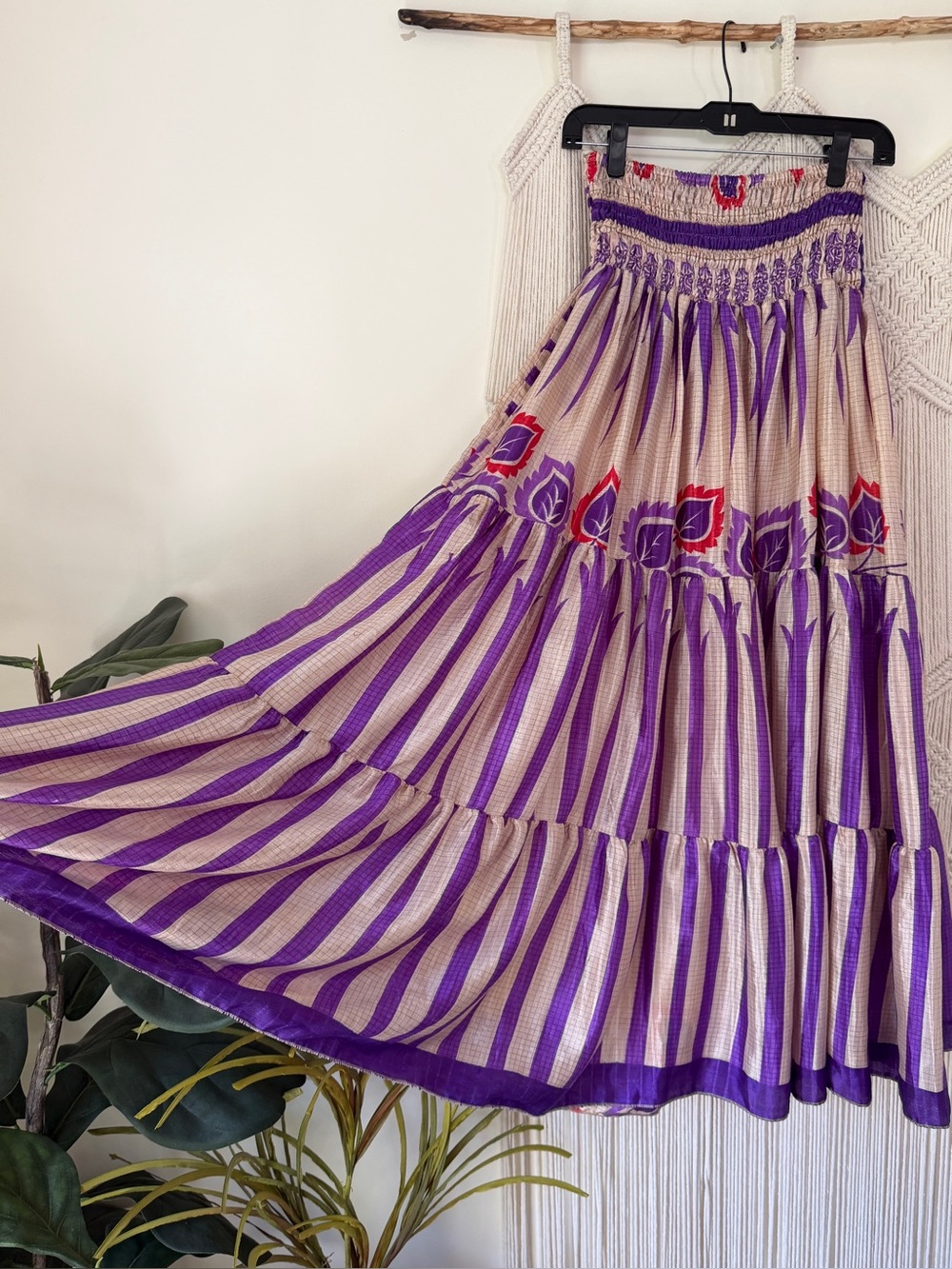 Wild Child Silk Smocked Waist Purple/Red Maxi Skirt OS XL & Under NWOT